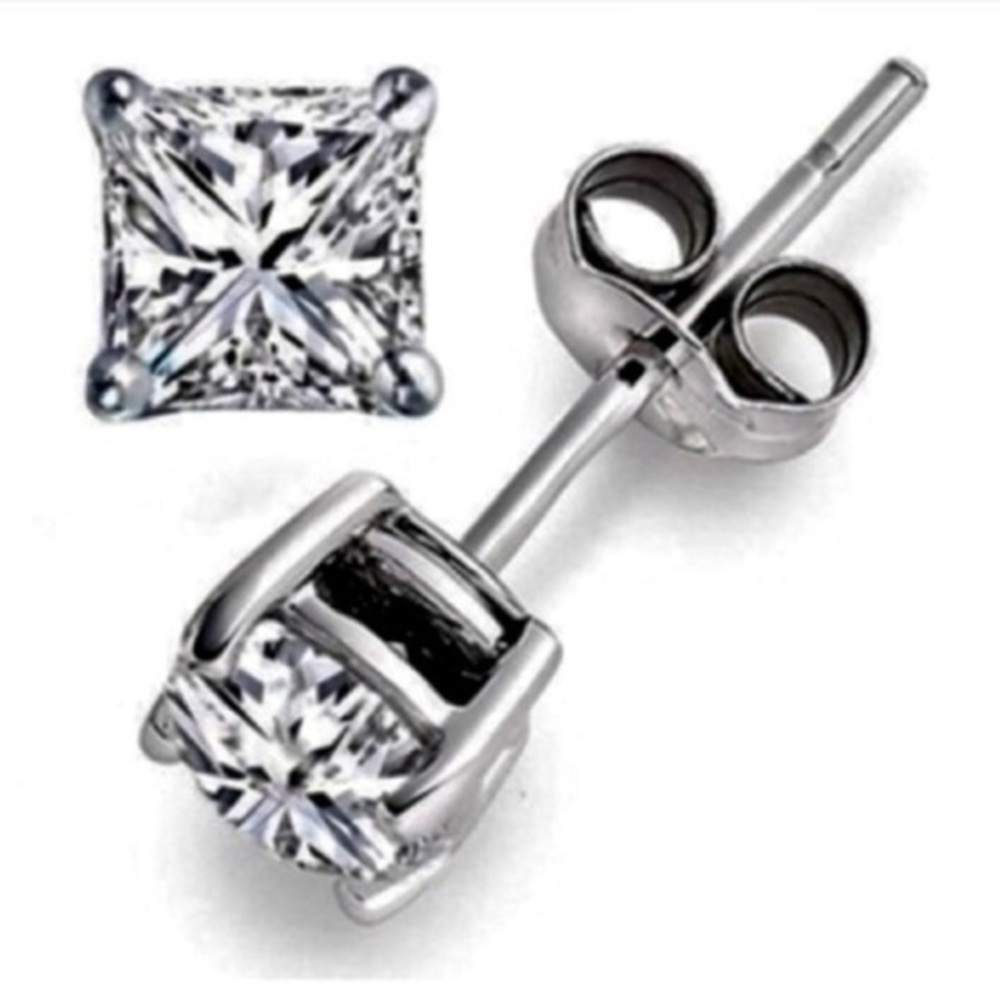 Renaissance 18k White Gold Princess Cut CZ Studs Over .925 Sterling Silver